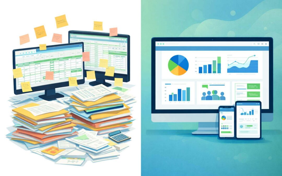 Split-screen comparing cluttered spreadsheets and paper files to a clean, centralized after-school program data tracking dashboard with attendance and enrollment charts